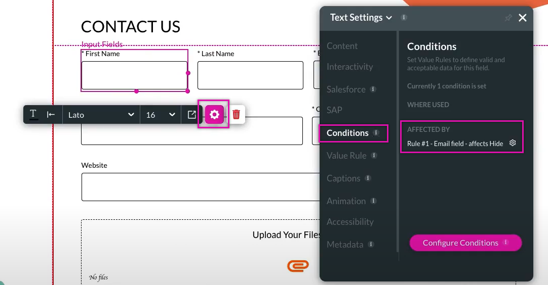 element settings menu > conditions tab 