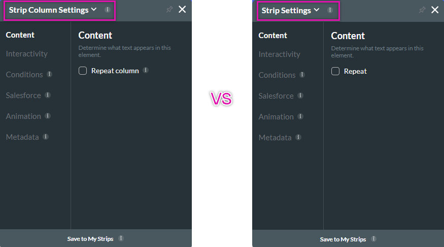 the difference between strip column settings and strip settings 