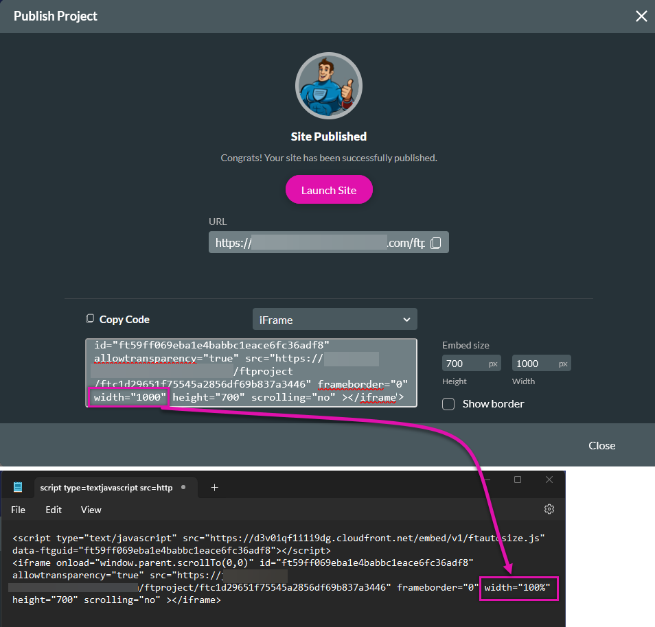 screenshot showing where to copy the embed/iframe code and how to change it in notepad