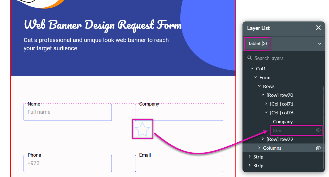 screenshot showing how the layer list can be used to check whether elements are hidden for devices 