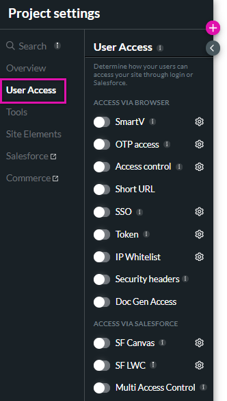 Screenshot showing the user access options in the project settings menu 