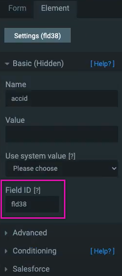 screenshot showing a field ID example for forms 1.0