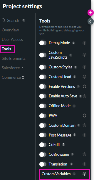 project settings menu > tools tab > custom variables 