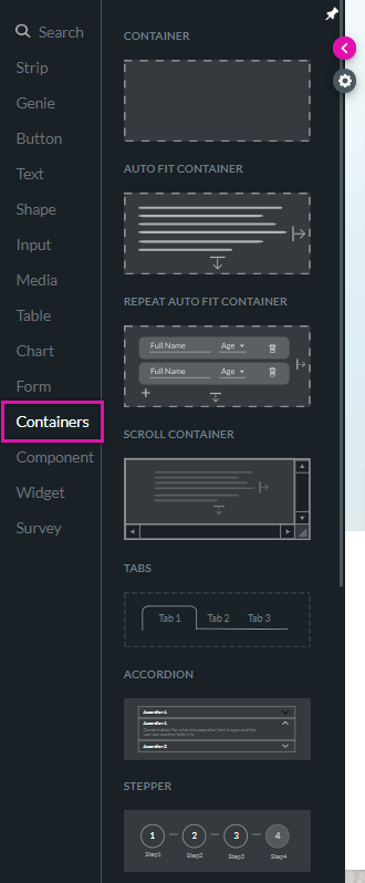 screenshot showing the different containers available in web 