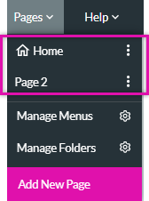 screenshot showing the pages menu expanded with the pages to click on highlighted 