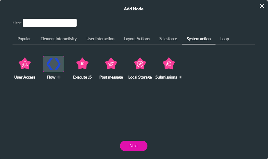 screenshot showing how to choose a flow when adding a node 