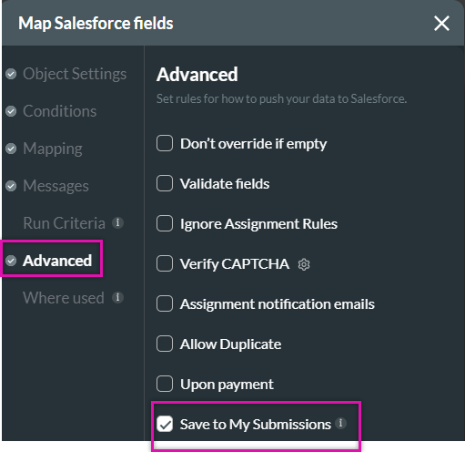 screenshot showing how to enable the Save to My Submissions feature in the advanced tab 