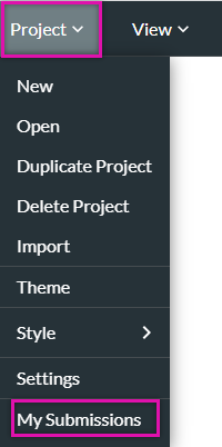 Screenshot showing the project dropdown expanded with the My Submissions option highlighted 