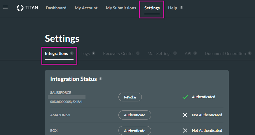 Integrations sub tab found under the settings 