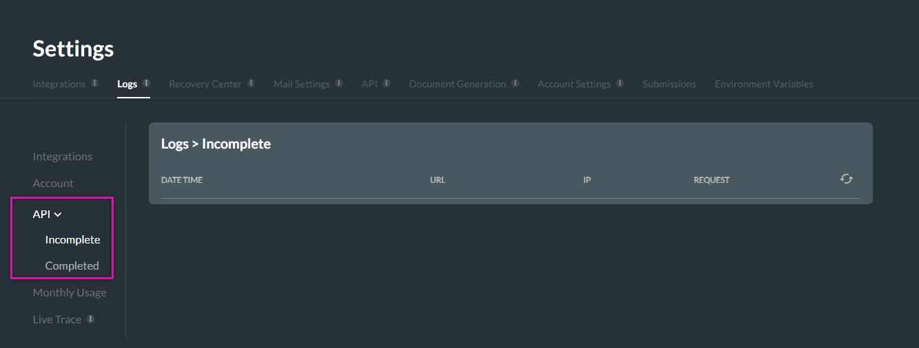 Logs > API tab 