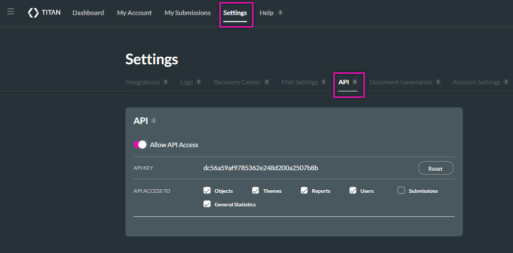 Screenshot of the API settings screen 