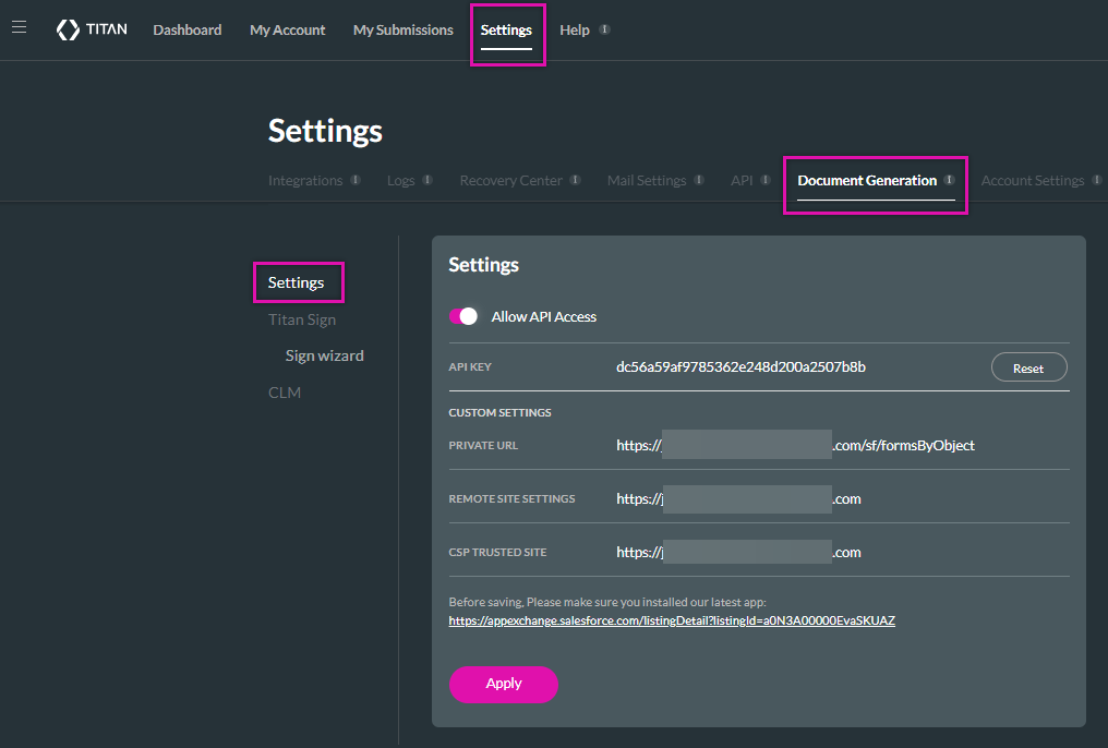 screenshot of the document generation tab showing the settings 