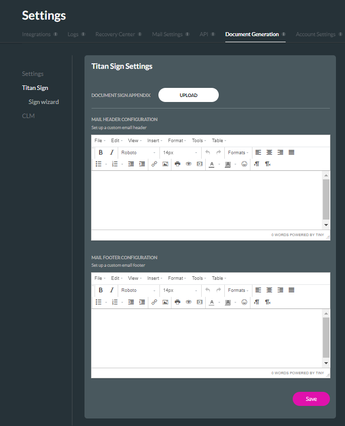 screenshot of the document generation screen showing the Titan Sign settings 