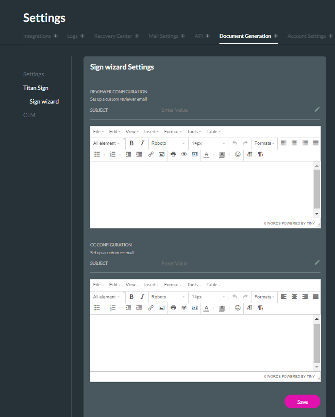 screenshot of the document generation screen showing the sign wizard settings 