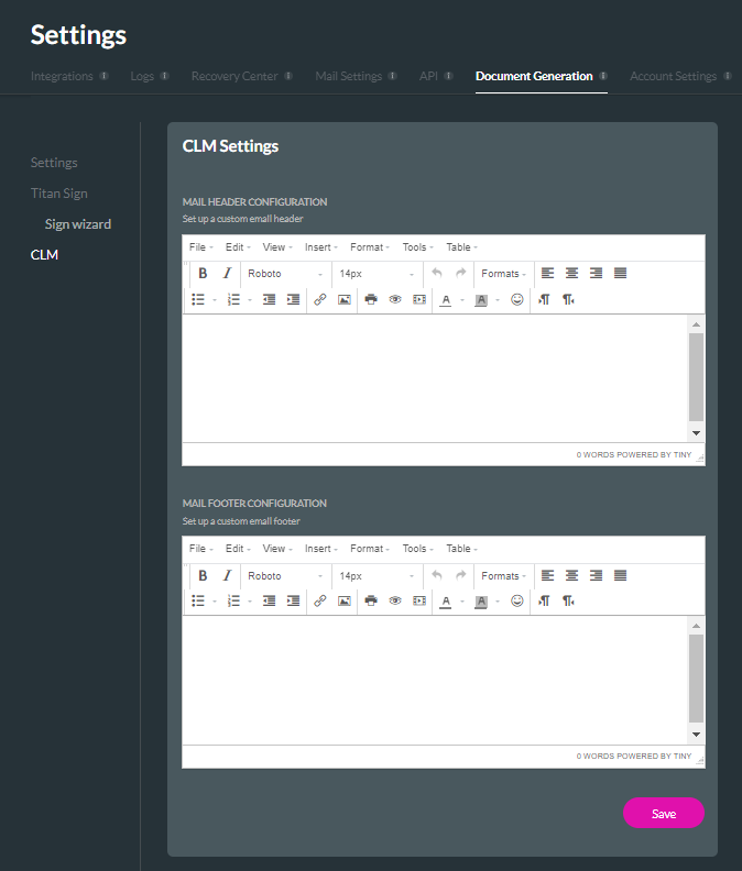 Screenshot of the document generation screen showing the CLM settings 