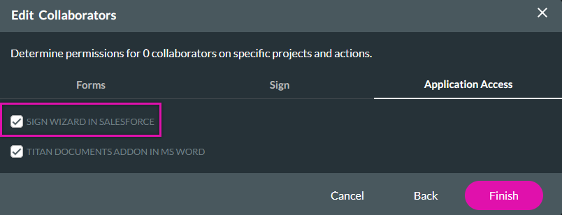 screenshot of the edit collaborators screen showing the sign wizard in salesforce feature enabled. 