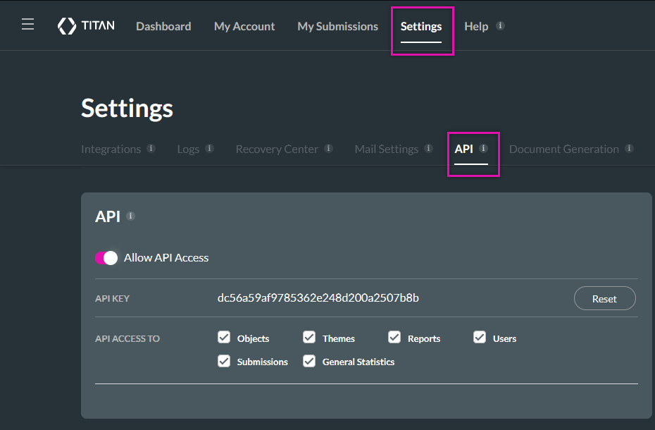 Screenshot showing how to check API access in the Settings tab 