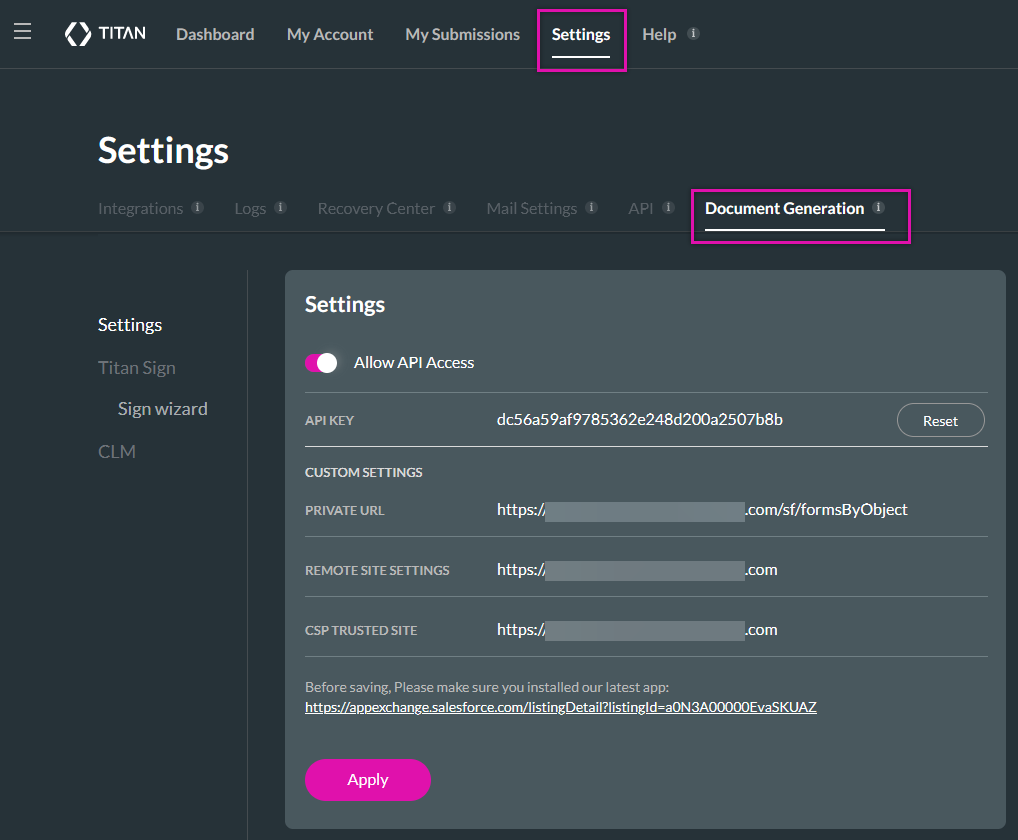 Screenshot showing how to check document generation access under settings 