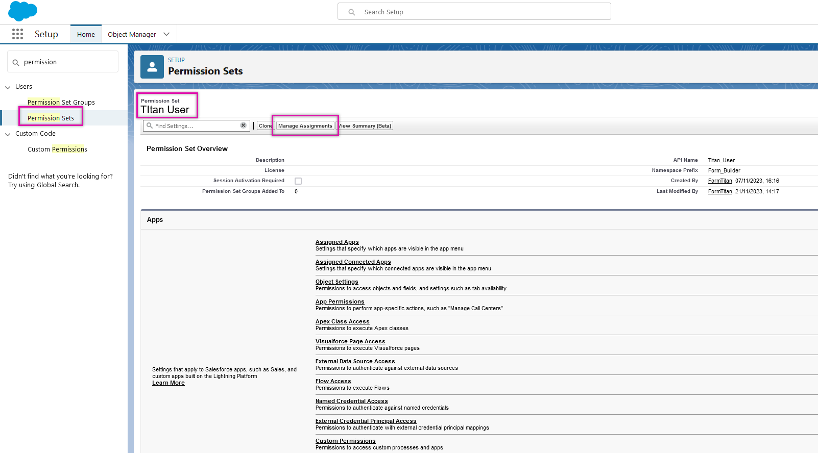 Screenshot shows how to check Titan User permission sets 