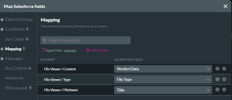 screenshot showing the mapping tab in the map salesforce fields window 