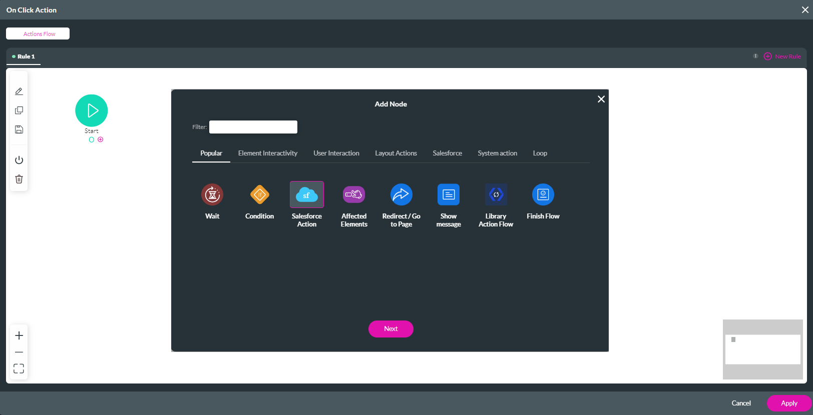 Screenshot showing the on-click action screen and the add node screen as an overlay with the Salesforce Action node highlight