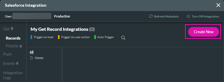 screenshot showing the Salesforce Integration screen with the Create New button highlighted 