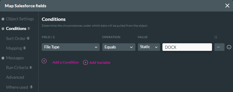 screenshot of the conditions tab in the map salesforce fields window 