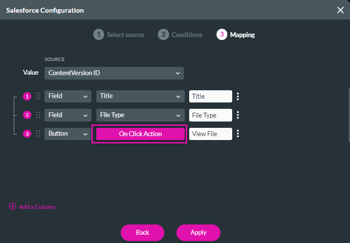 screenshot showing the mapping step of the power table with on click action highlighted 