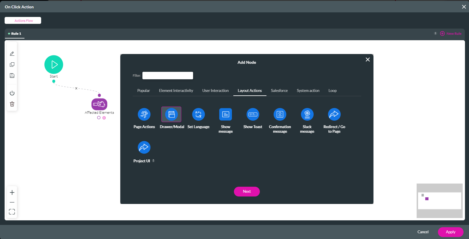 Screenshot showing the on-click action screen and the add node screen as an overlay with the Drawer/Modal node highlight