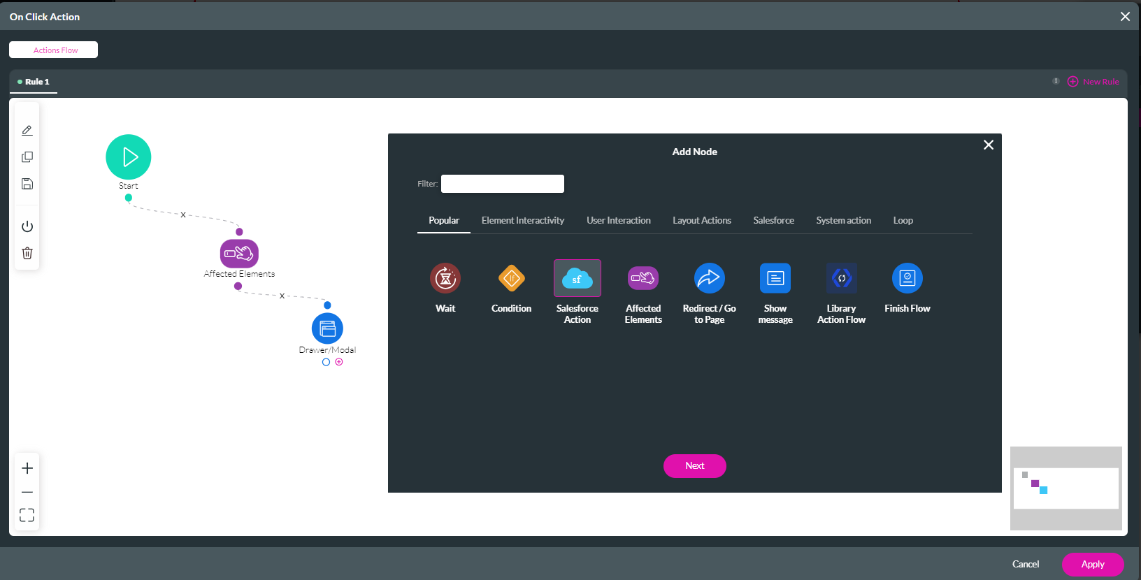 Screenshot showing the on-click action screen and the add node screen as an overlay with the Salesforce Action node highlight