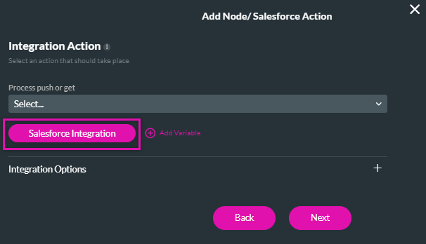 Screenshot showing the Salesforce Integration button highlighted on the Integration Action screen 