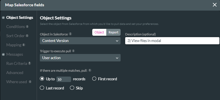 Screenshot showing the object settings tab for the map Salesforce fields window 