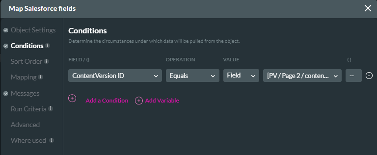 Screenshot showing the conditions tab for the map Salesforce fields window 