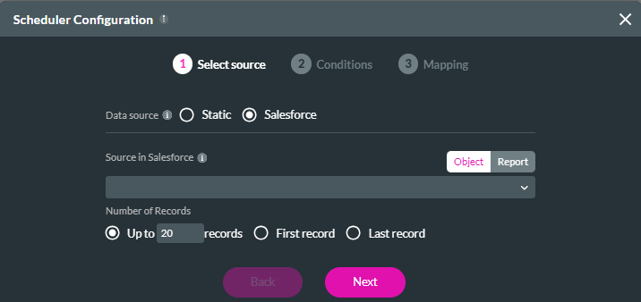 Screenshot showing the select source step when configuring a scheduler 