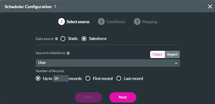 screenshot showing the salesforce radio button selected for the select source step 