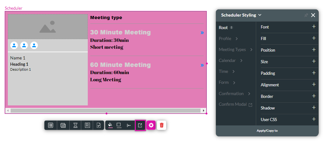 Screenshot showing the scheduling styling menu 