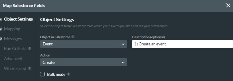 screenshot showing the object settings tab for map salesforce fields 