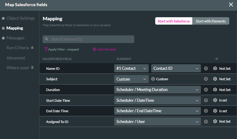 screenshot showing the mapping tab for the map salesforce fields window 