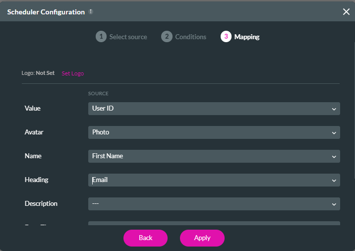 Screenshot showing the mapping step when configuring a scheduler 