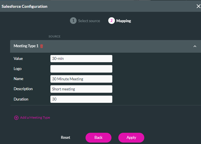 screenshot showing the mapping step of configuring meetings 