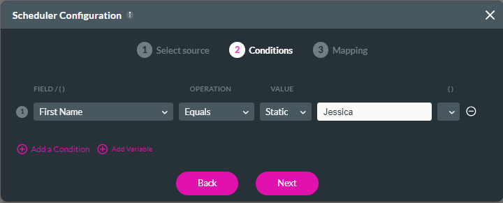 screenshot showing the conditions step when configuring a scheduler 