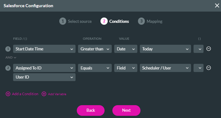 screenshot showing how to configure conditions for events 