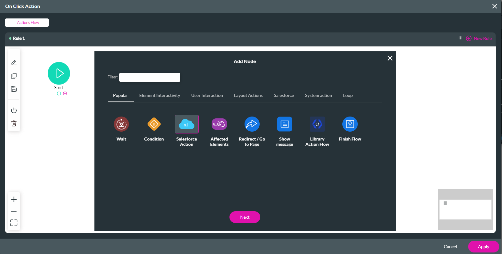 screenshot showing salesforce action as the selected node. 