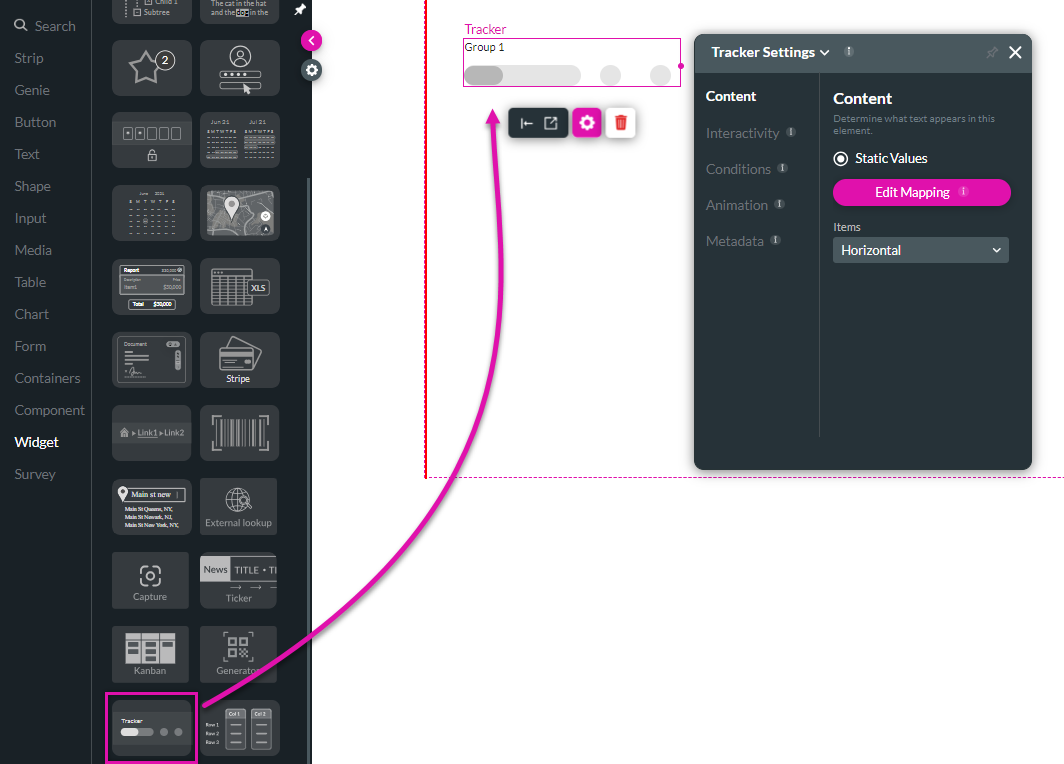 screenshot showing the order tracker added to the canvas 