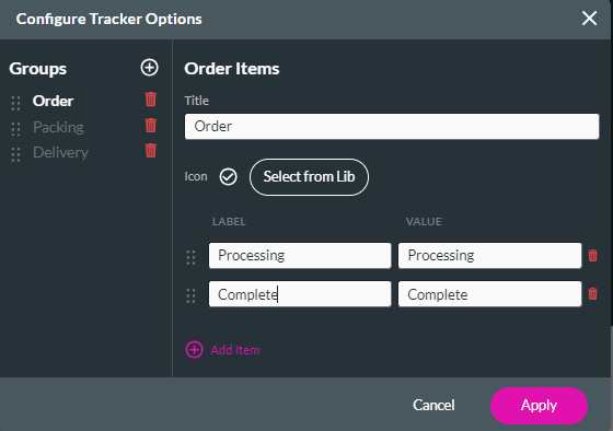 screenshot showing the configured order tracker options 