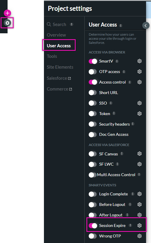 project settings > user access > session expire 