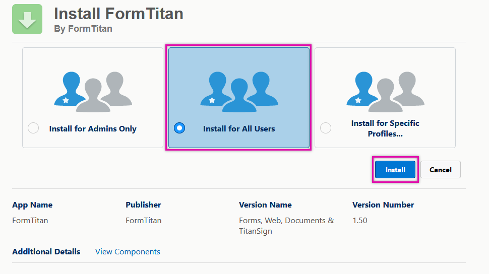 screenshot of install form titan with Install for All Users highlighted 