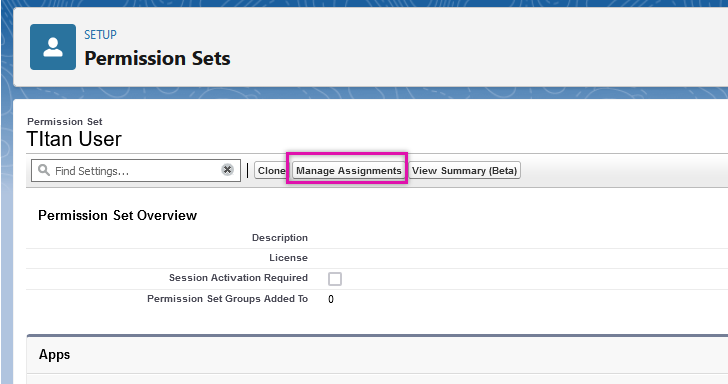 Screenshot of the Titan User permission sets with Manage Assignments highlighted 