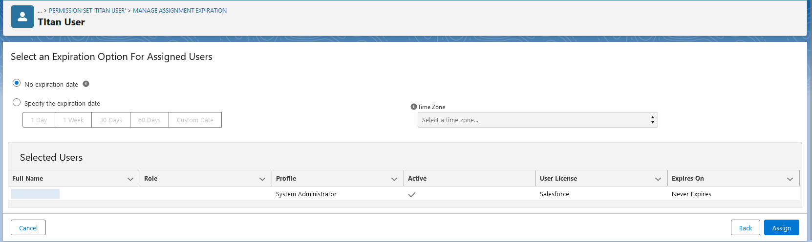 Titan User expiration settings screen 