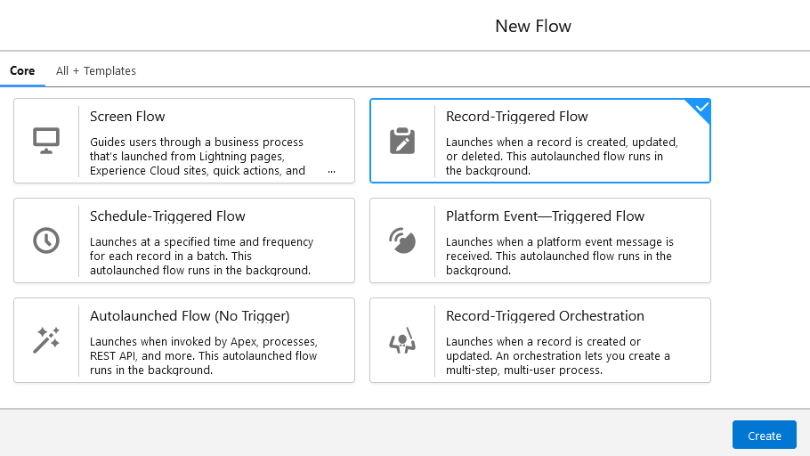 Screenshot of new flow screen with Record-Triggered Flow highlighted 